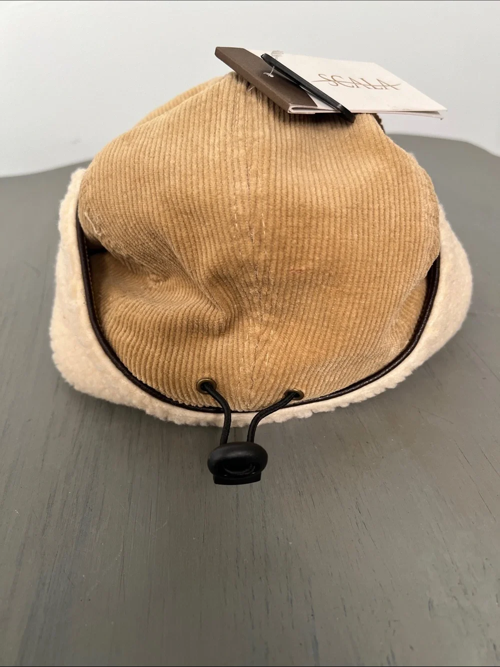 Scala Corduroy Earflap Cap in Tan with Cream Shearling